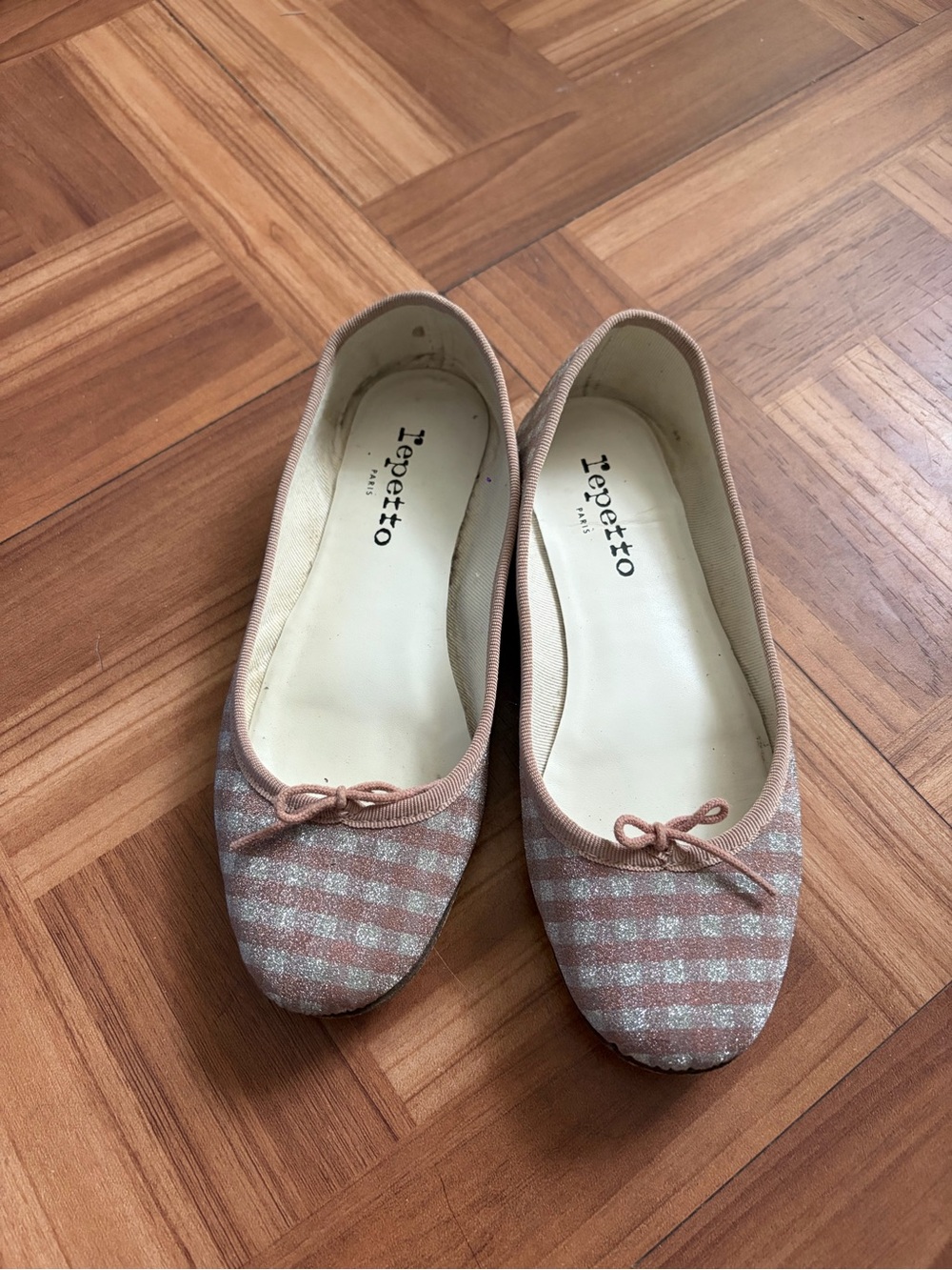 Repetto Pink Plaid Ballet Flats with Bow Trim